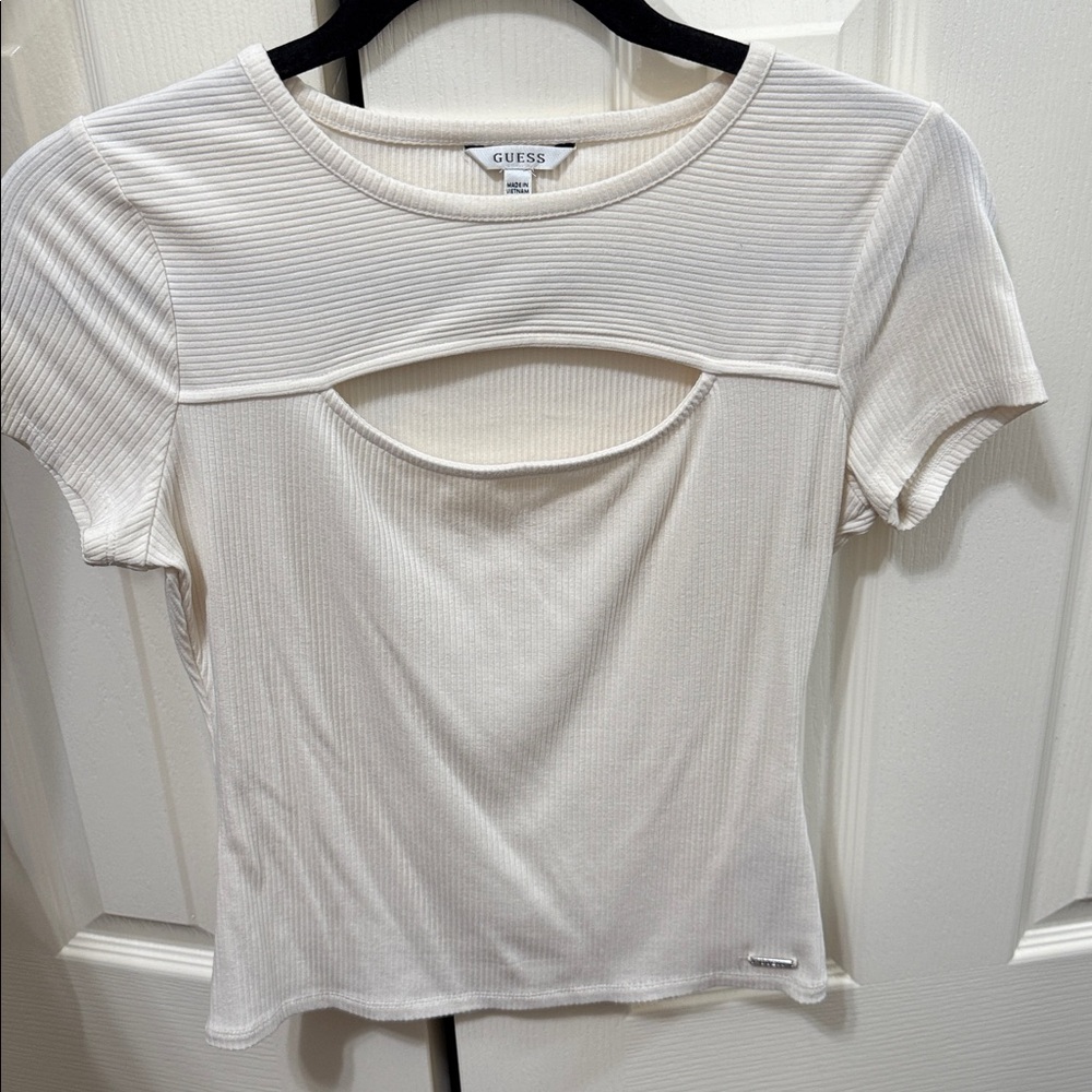 Guess Ivory Ribbed Cutout Tee